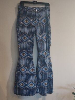 Rock&Roll Denim Bargain Button Bell Blue/Brown Aztec Flare Jeans‎ Womens 28/34